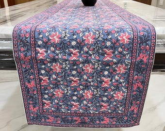 Oxalis Pink Grey Floral Table Cloth Runner, Kitchen & Dining Table Runner, 100% Canvas Cotton Indian Hand Block Printed Table Runner
