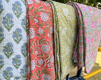 Hand Block Printed Kantha Quilt, 100% Cotton Bed Cover, Bohemian Throw Blanket,