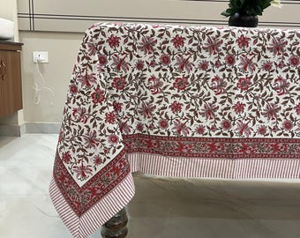 Hand Block Printed Cotton Tablecloth, Pale Rose Floral Design