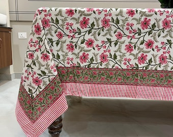 Hand Block Printed Cotton Tablecloth, Pink Green Floral, Jaipur Art