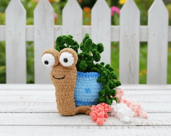 カタツムリの植木鉢かぎ針編みパターン - 編みぐるみカタツムリPDF、かわいい植木鉢の装飾、ガーデニング愛好家へのギフト