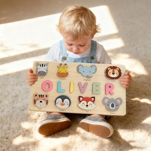 Personalized Wooden Name Puzzle, Handmade Name Puzzle with Animals, Christmas Gifts for Toddlers, First Birthday Gift, Wood Toy