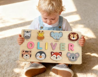Personalized Wooden Name Puzzle, Handmade Name Puzzle with Animals, Christmas Gifts for Toddlers, First Birthday Gift, Wood Toy