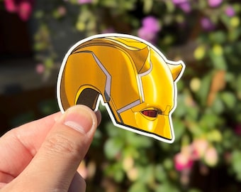 Daredevil-Inspired Golden Yellow Helmet Sticker – Waterproof Vinyl Superhero Decal for Laptops, Journals & Bottles | Series 2 Fan Art