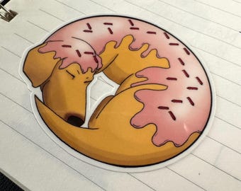 Donut Dachshund Vinyl Sticker | Waterproof Dessert Dog Art