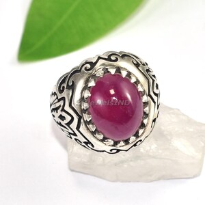 Genuine Cabochon Ruby 925 Sterling Silver Ring - Vintage Carving Designer Wide Band Ring - Handmade Statement Ring - Gift for Her or Him