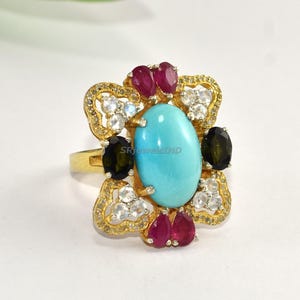 Turquoise, Green Tourmaline, Ruby, Moonstone & Pave Diamond Ring - Solid 925 Sterling Silver Gold Vermeil Jewelry