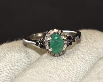 Natural Emerald & Diamond Halo Ring in 925 Sterling Silver, Vintage Oval Green Gemstone Engagement Ring, Handmade Birthstone Jewelry Gift