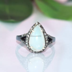 Pear Black Opal Gemstone 925 Silver Black Rhodium Plated Ring For Her Engagement Promise Ring Art Deco Ring Anniversary Gift For Her