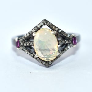 Oval Weißer Opal Edelstein 925 Silber Schwarz rhodiniert Ring für sie Verlobung Versprechen Ring Art Deco Ring Jahrestag Geschenk für Sie