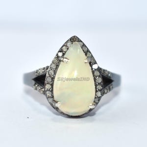 Pear Black Opal Gemstone 925 Silver Black Rhodium Plated Ring For Her Engagement Promise Ring Art Deco Ring Anniversary Gift For Her