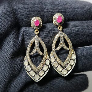 Rubin Polki Ohrringe in Gold und Silber | Handgefertigte Uncut Diamant Statement Tropfen | Vintage indische ethnischen Schmuck Geschenk für sie