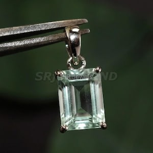 Baguette Cut Green Amethyst Sterling Silver Pendant | Minimal Rectangular Green Stone Necklace Charm | Handmade Fine Jewelry Gift