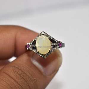 Natural Opal Victorian Statement Ring • 925 Sterling Silver Ring with Yellow Gold Plated  •  Friendship Jewelry • Pave Diamond Ring