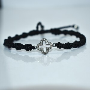 Handmade Black Macrame Bracelet with Diamond Pave Clover Charm | Adjustable Cord Bracelet | Unisex Friendship Gift Item 925 Sterling Silver