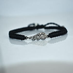 Black Macrame Bracelet with Vintage Style Diamond Infinity Charm | Adjustable Handmade Cord Bracelet | Dainty Boho Jewelry Gift for Her