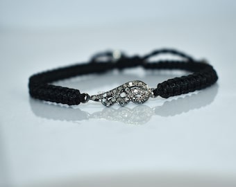 Black Macrame Bracelet with Vintage Style Diamond Infinity Charm | Adjustable Handmade Cord Bracelet | Dainty Boho Jewelry Gift for Her