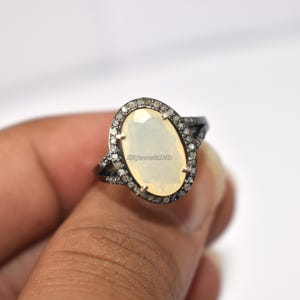 Natural Opal and Pave Diamond Authentic Victorian Ring - Vintage Traditional 925 Sterling Silver Ring - All Occasion Gift Idea
