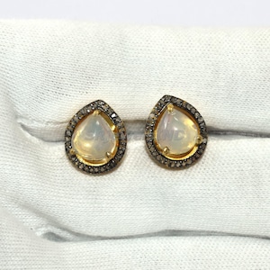 Natural Teardrop Firing Opal Stud Earrings with Diamond Halo in Sterling Silver | Handmade Dainty Gemstone Jewelry Gift for Her