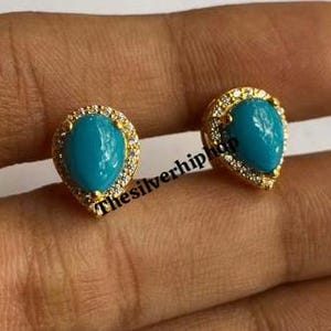 Art Deco Turquoise Stud Earring ,Handmade Jewelry Gift for Her, Turquoise Wedding Earring ,14k Yellow Gold Finish , Handmade, Turquoise