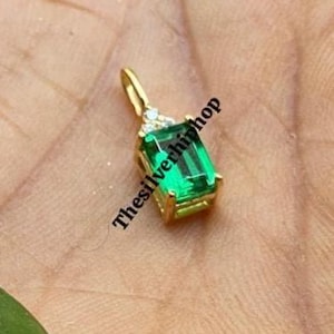Art Deco Emerald & Diamond Pendant: 14K Yellow Gold Over Sterling Silver