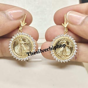 Handmade Moissanite Coin Dangle Earrings: 14k Yellow Gold Plated