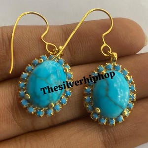 Art Deco Turquoise Cluster Earring ,Handmade Jewelry Gift for Her, Turquoise Wedding Earring ,14k Yellow Gold Finish , Handmade, Turquoise