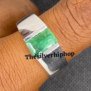 Emerald Cut Emerald Ring: Sterling Silver Unisex Wedding Band, May Birthstone