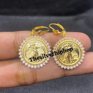 Vintage Moissanite Coin Dangle Earrings: 14k Yellow Gold Plated Sterling Silver
