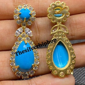 Victorian Earring ,Turquoise Dangle Wedding Earrings Jewelry Gift for Her, Antique Turquoise ,14k Yellow Gold Finish , Handmade Jewellery
