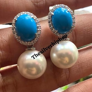 Art Deco Turquoise Drop Earring ,Handmade Jewelry, Turquoise Wedding Earring ,14k White Gold Finish , Vinatge, Turquoise Earring