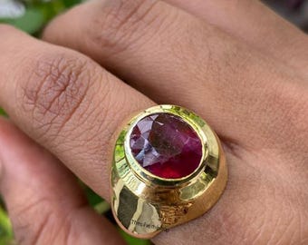 Gold Plated Ring With Glass Filled Natural Ruby-Vintage Men's Wedding Ring ,Handmade Antique Jewelry