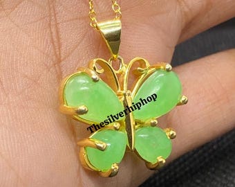 Collar con colgante de mariposa de jade verde: plata de ley 925, hecho a mano