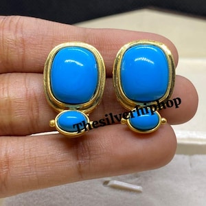 Victorian Turquoise Cushion Earring ,Handmade Jewelry Gift for Her, Turquoise Wedding Earring ,14k Yellow Gold Finish , Handmade, Turquoise