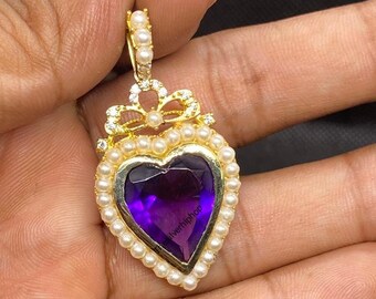Colgante de amatista de 9 quilates con forma de corazón, hecho a mano, con acabado AAA+: plata de ley bañada en oro