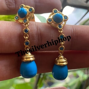 Art Deco Turquoise Drop Earring ,Handmade Jewelry Gift for Her, Turquoise Wedding Earring ,14k Yellow Gold Finish , Handmade, Turquoise