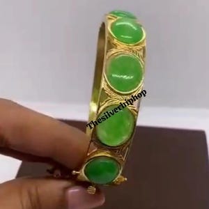 Art Deco Green Jade Bracelet: 14k Gold Plated Sterling Silver, 7 inch