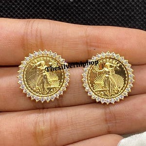 Moissanite Stud Earrings: 14k Yellow Gold Plated Sterling Silver Liberty Coin