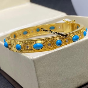 Vintage Turquoise Bangle: 14k Yellow Gold Finish, 925 Sterling Silver