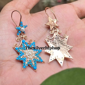 Uniqe Turquoise Cluster Earring ,Handmade Jewelry Gift for Her, Turquoise Wedding Earring ,14k Yellow Gold Finish , Handmade, Turquoise