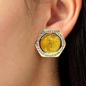 Handmade Moissanite Coin Stud Earrings: 14k Yellow Gold Plated
