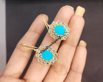 Victorian Style Turquoise & Diamond Earrings: 14k Gold Finish, Sterling Silver