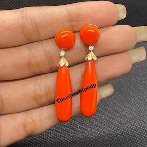 Victorian Orange Coral Drop Earrings: 14k Yellow Gold Finish, Handmade