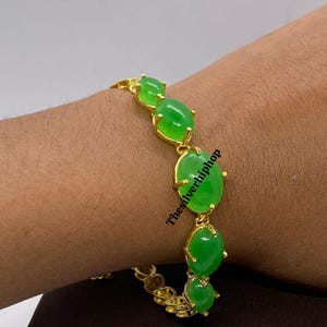 Art Deco Green Jade Bracelet: 14k Gold Plated Sterling Silver, 7 inch