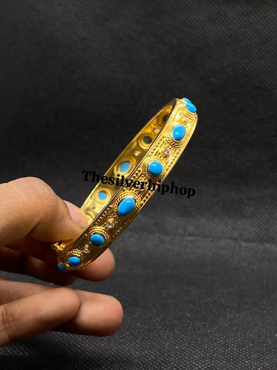 ヴィンテージ ターコイズ ダイヤモンド バングル：14K イエロー 