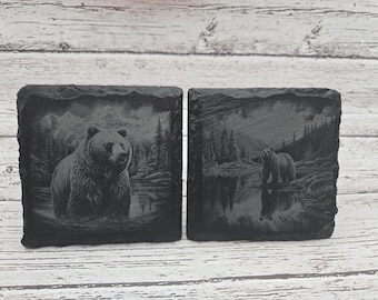 Slate Laser Etched Drink Coasters With Bear Image