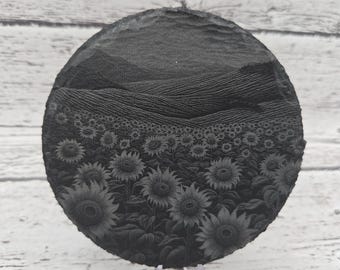 Runde Schiefer Laser geätzte Getränkeuntersetzer mit Sonnenblumenbild