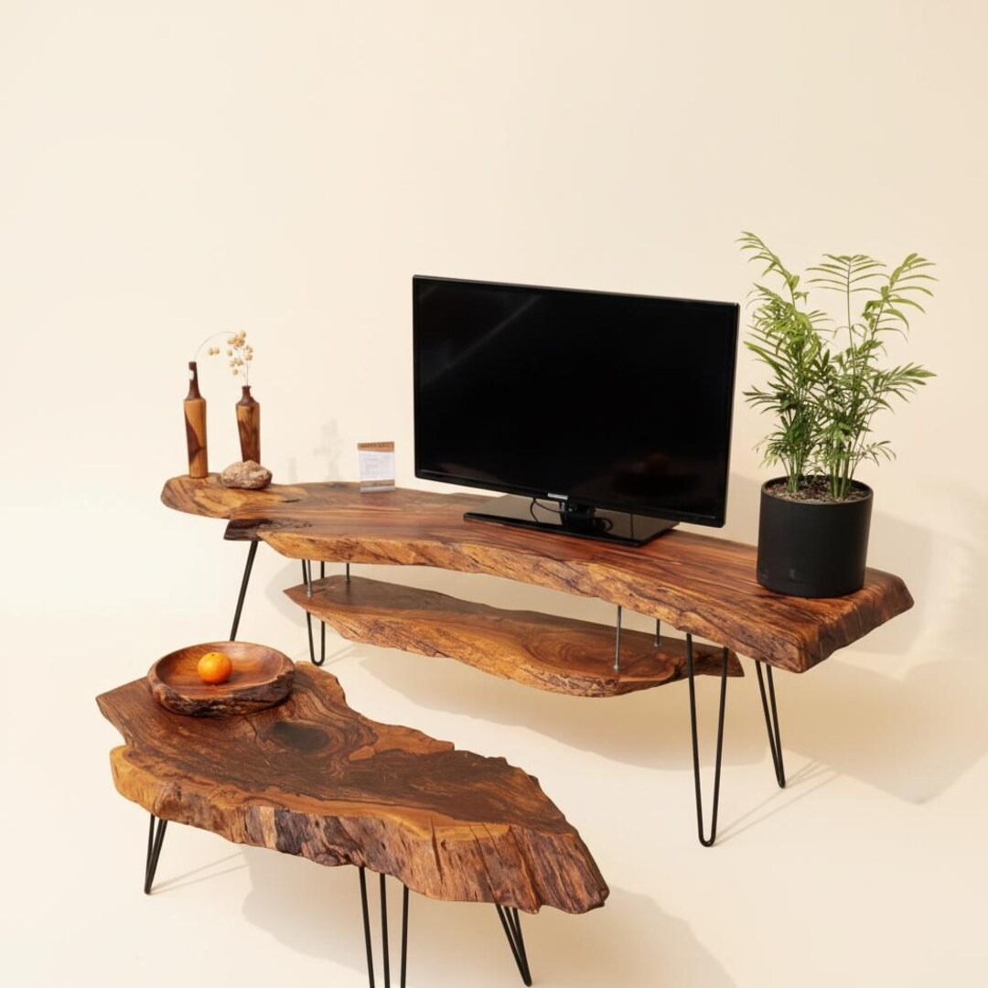 Handcrafted Live Edge Wood TV Stand Set – Rustic Modern Media Console ...
