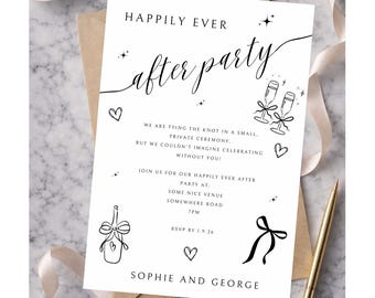 May include: A white invitation card with black text and illustrations, including champagne glasses and hearts. The card reads "Happily Ever After Party" and includes event details. A gold pen and ribbon are on the marble surface.