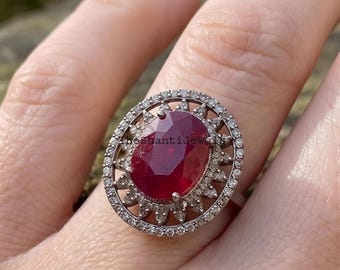 Natural Ruby Ring, 925 Sterling Silver Diamond Halo, Red Gemstone Cocktail Jewelry, July Birthstone, Wedding Engagement Women